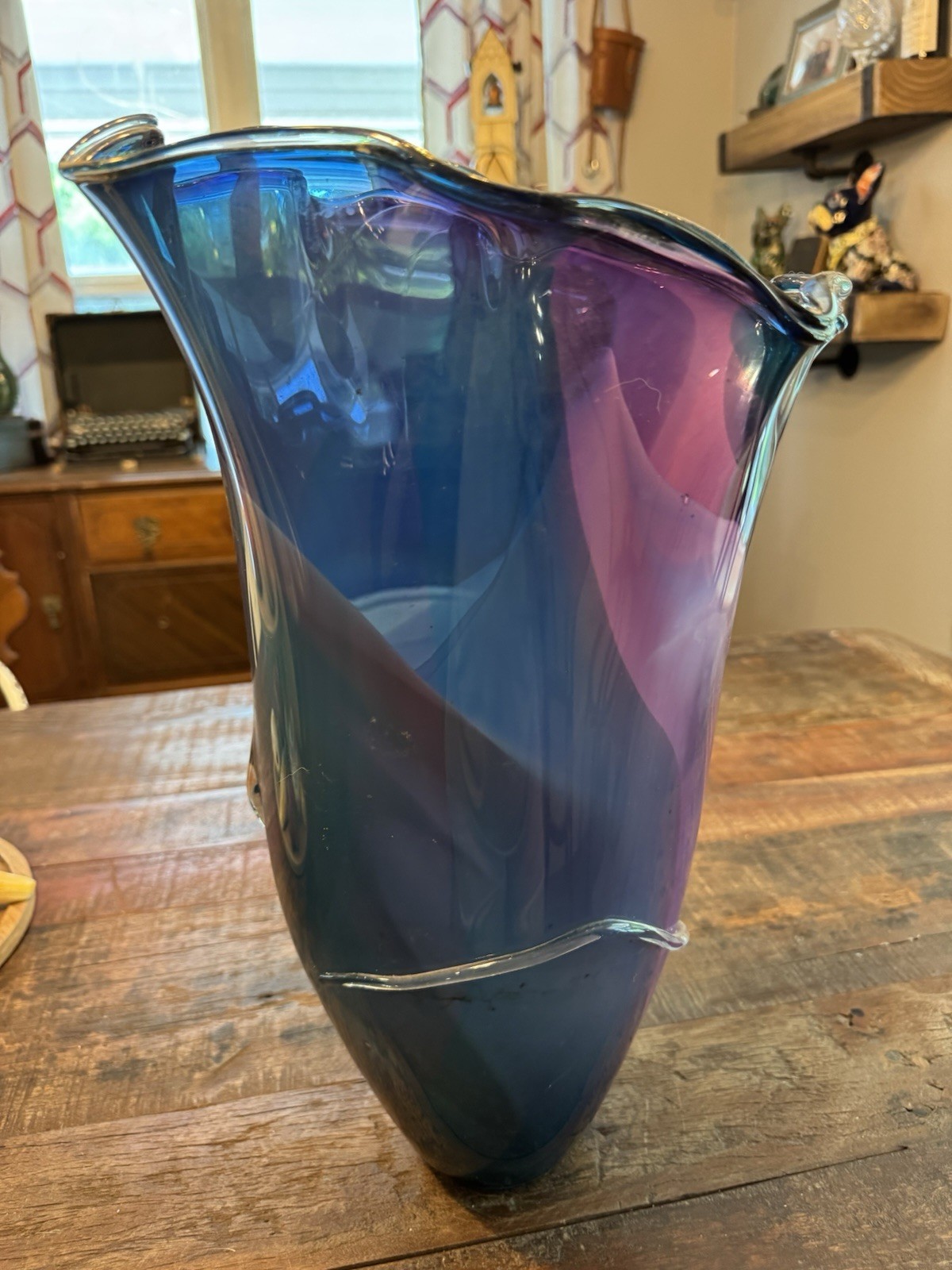 Murano Style Hand Blown Art Glass Vase Signed Blue Purple Swirl Ruffled Rim