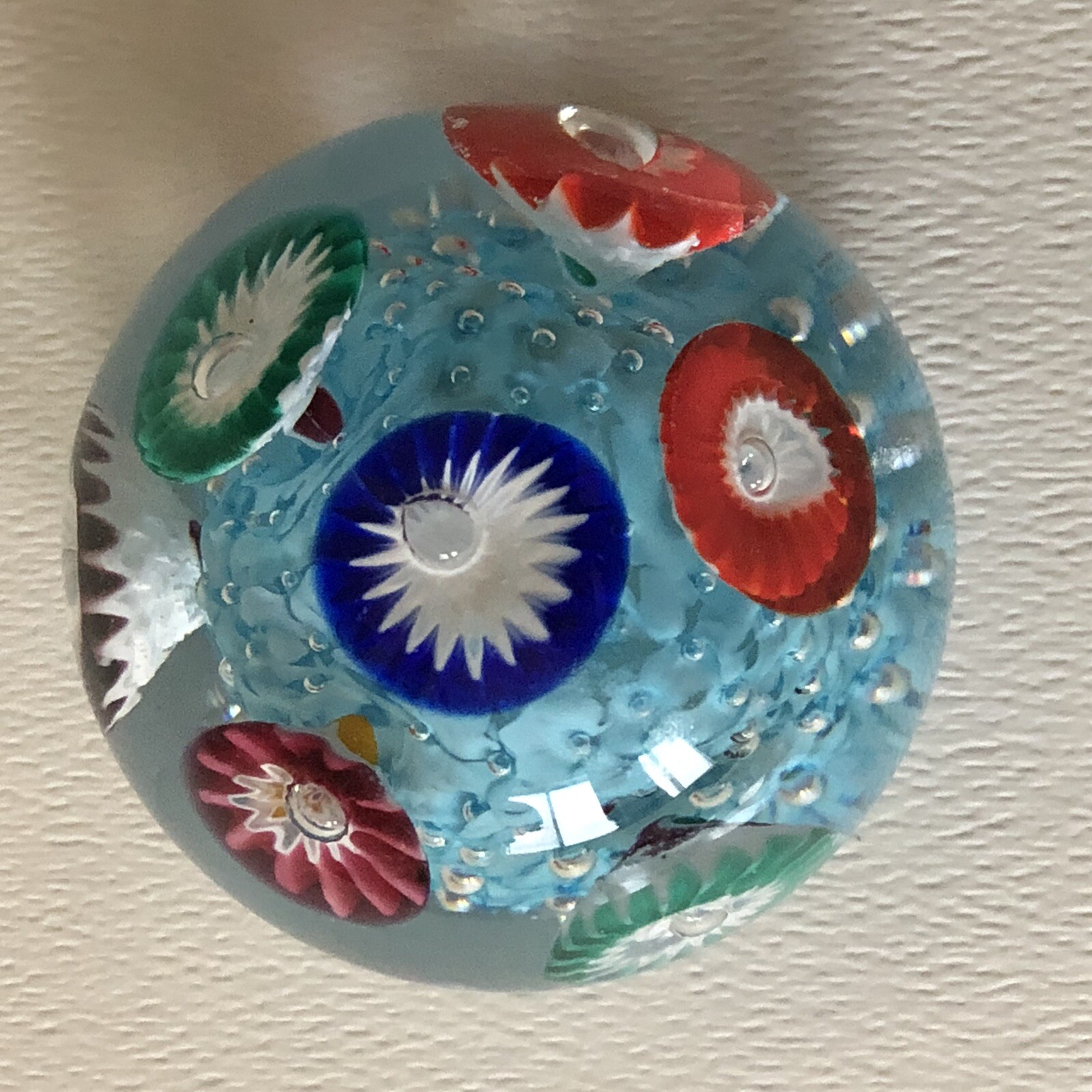 Vintage Art Glass Bright Blue Green Red Orange Bold Flowers Lampwork Paperweight