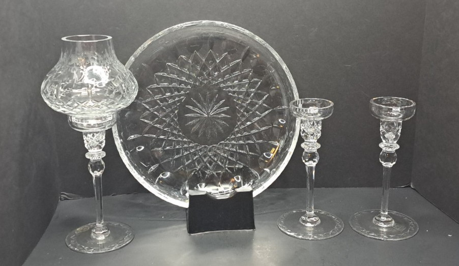 Rogaska Crystal Gallia 4 Pc Set 2 Pc Hurricane 2 Candlesticks & Round Platter