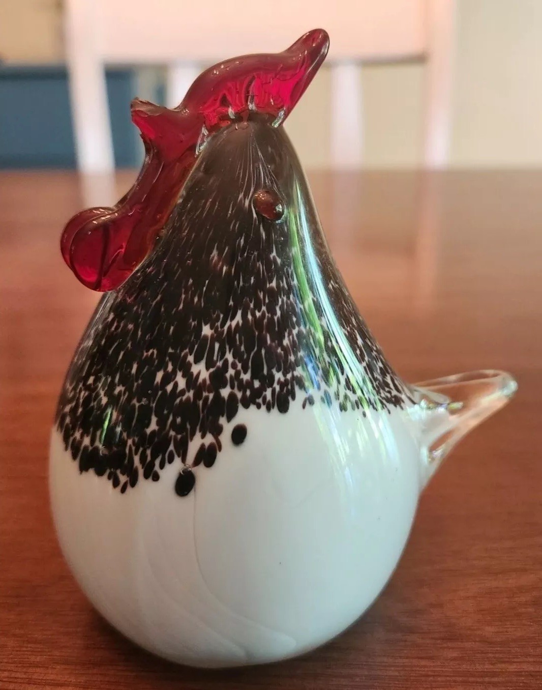 Glass Rooster Beautiful Art Paperweight Figurine White Black Red Read