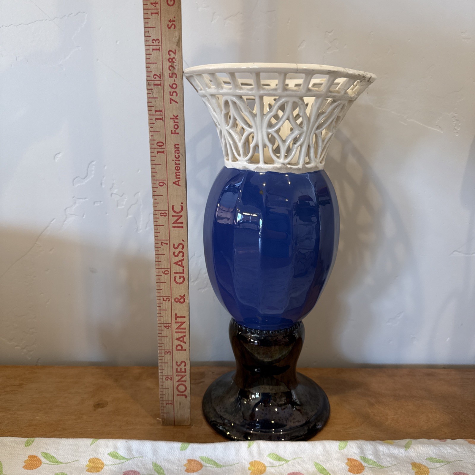 Eichwald 405 Art Nouveau Majolica Vase 20th Mid Century Blue Ornate White