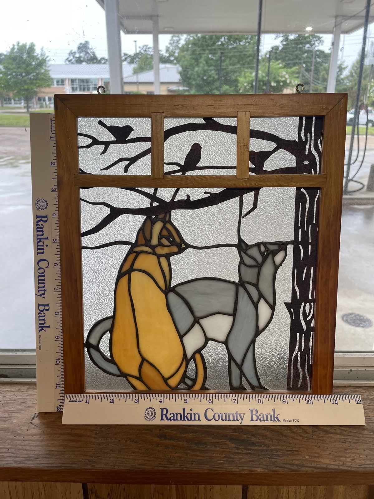 Framed Leaded Stained Glass Sun Catcher Wall Hanging Cats and Birds 12.5 x 11