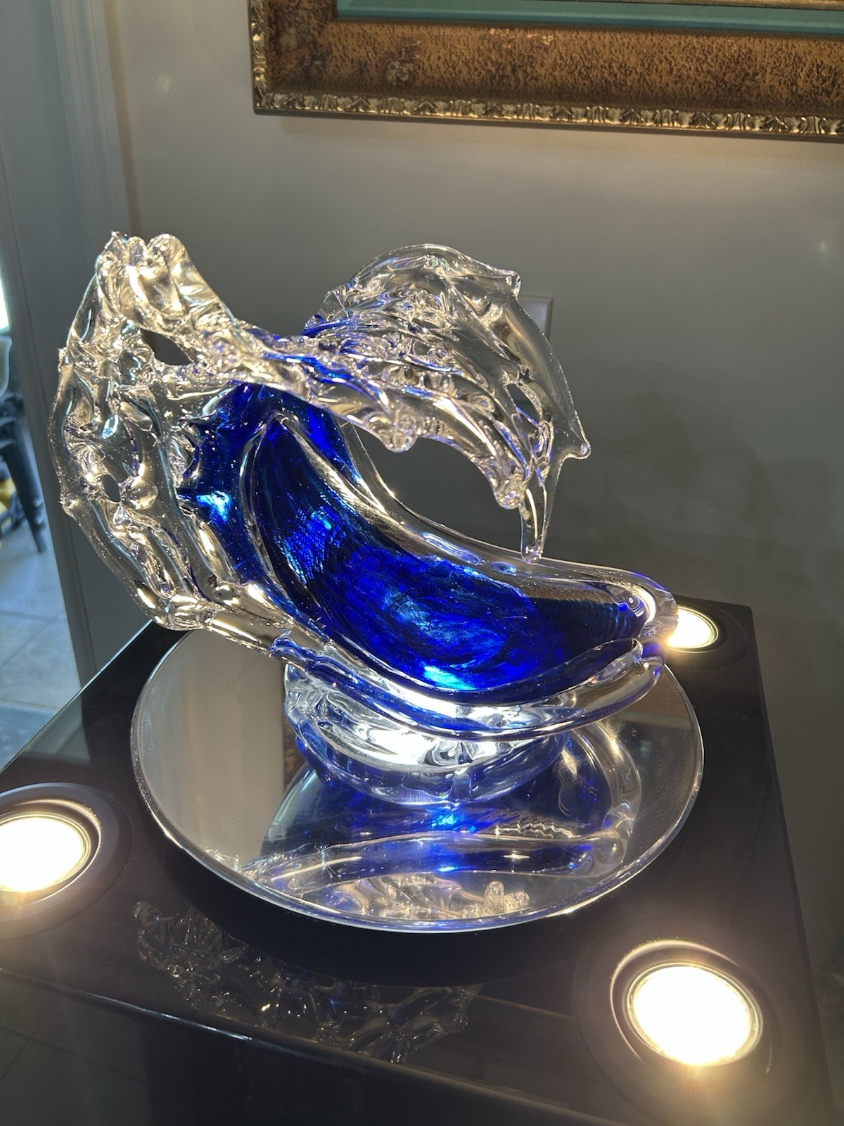 Blue & Clear Art Glass Wave Sculpture Decorative Accent Piece by David Wight
