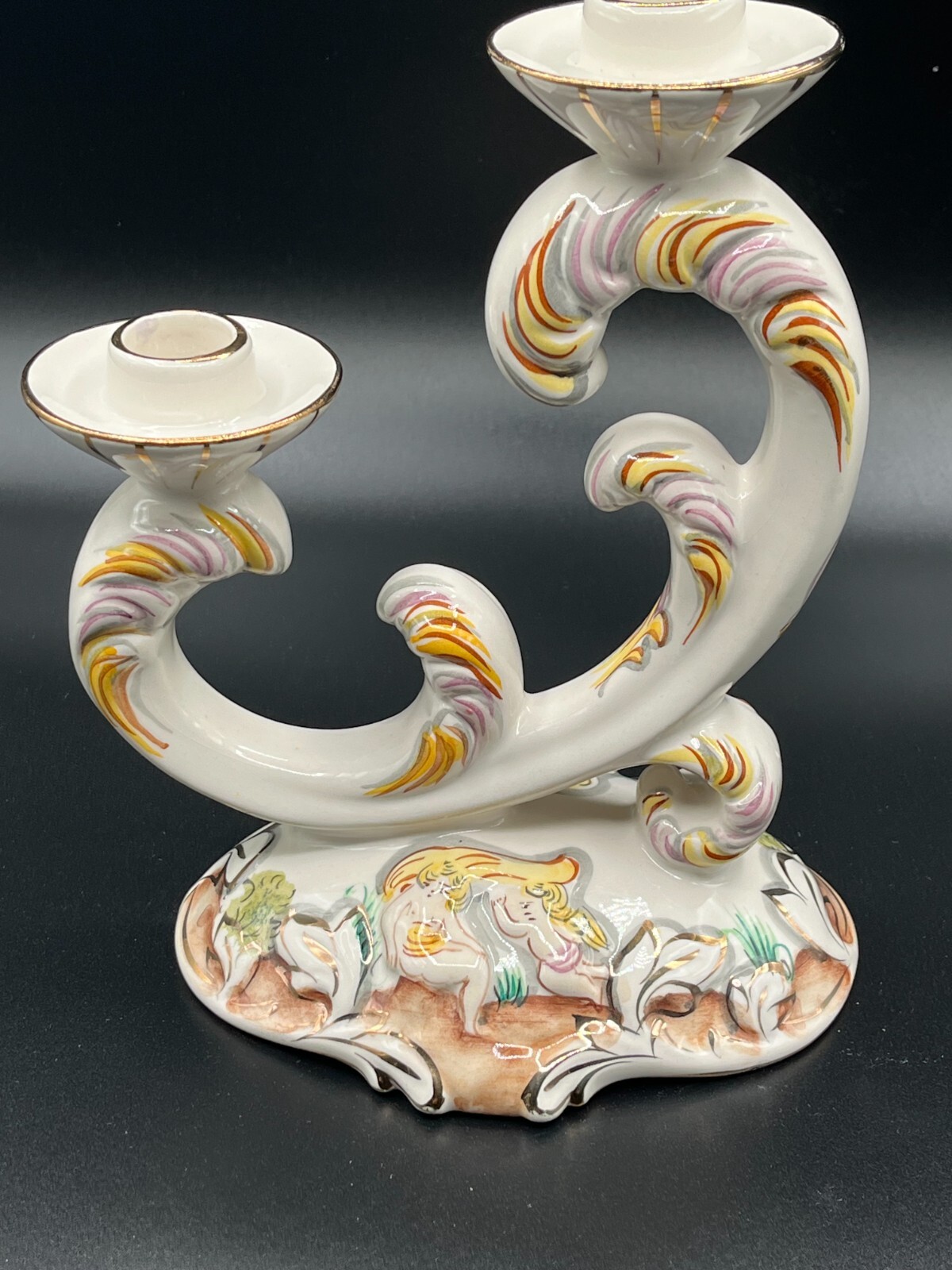 Vintage Alcobaca Portugal Capodimonte Double Candle Holder Hand Painted Stamped
