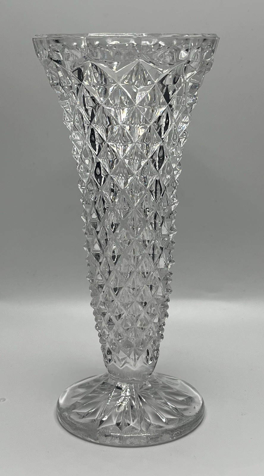 Indiana Glass Diamond Point Clear Vase Vintage Pressed Glass Floral Decor
