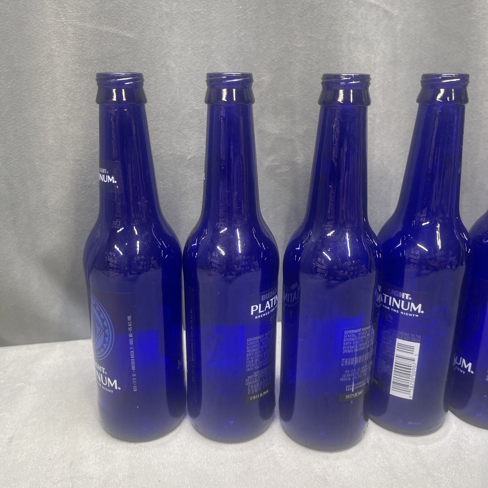 Labels On Lot Of 6 COBALT BLUE BEER BOTTLES Vases Flowers Crafts Wind Chime Tree