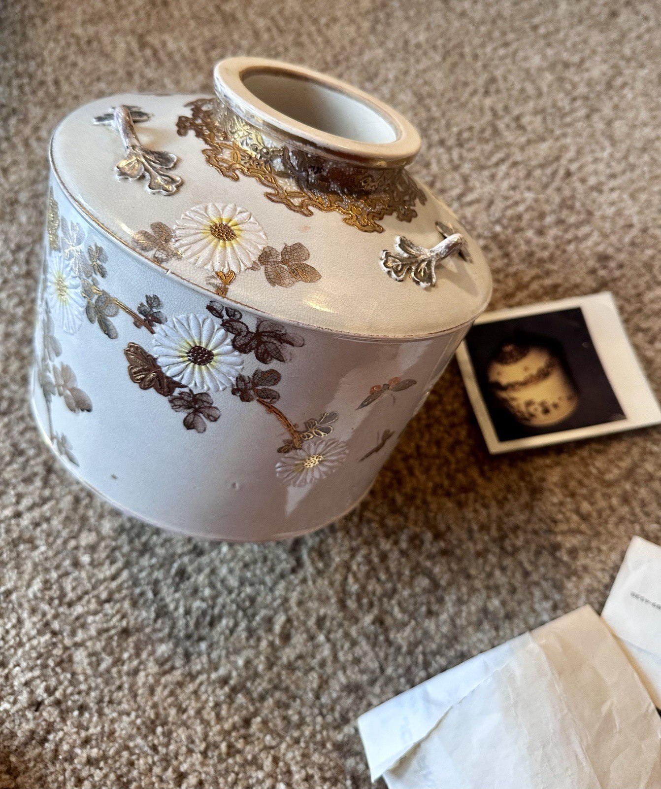 Japanese Satsuma Pottery Vase Floral Enamelled Ivory Brown Gold 1900-1919