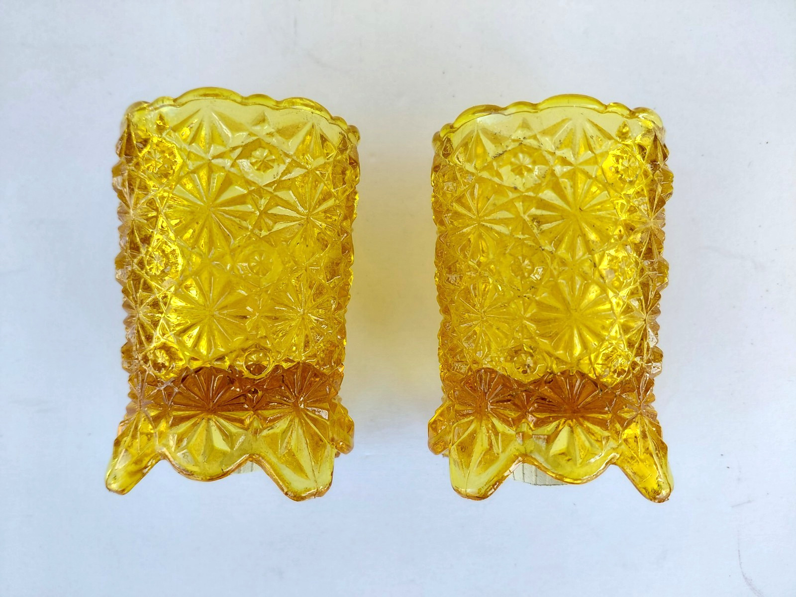 Vintage Uranium Glass Votive Daisy Button Peg Yellow Amber Glossy 3.25″ Lot of 2