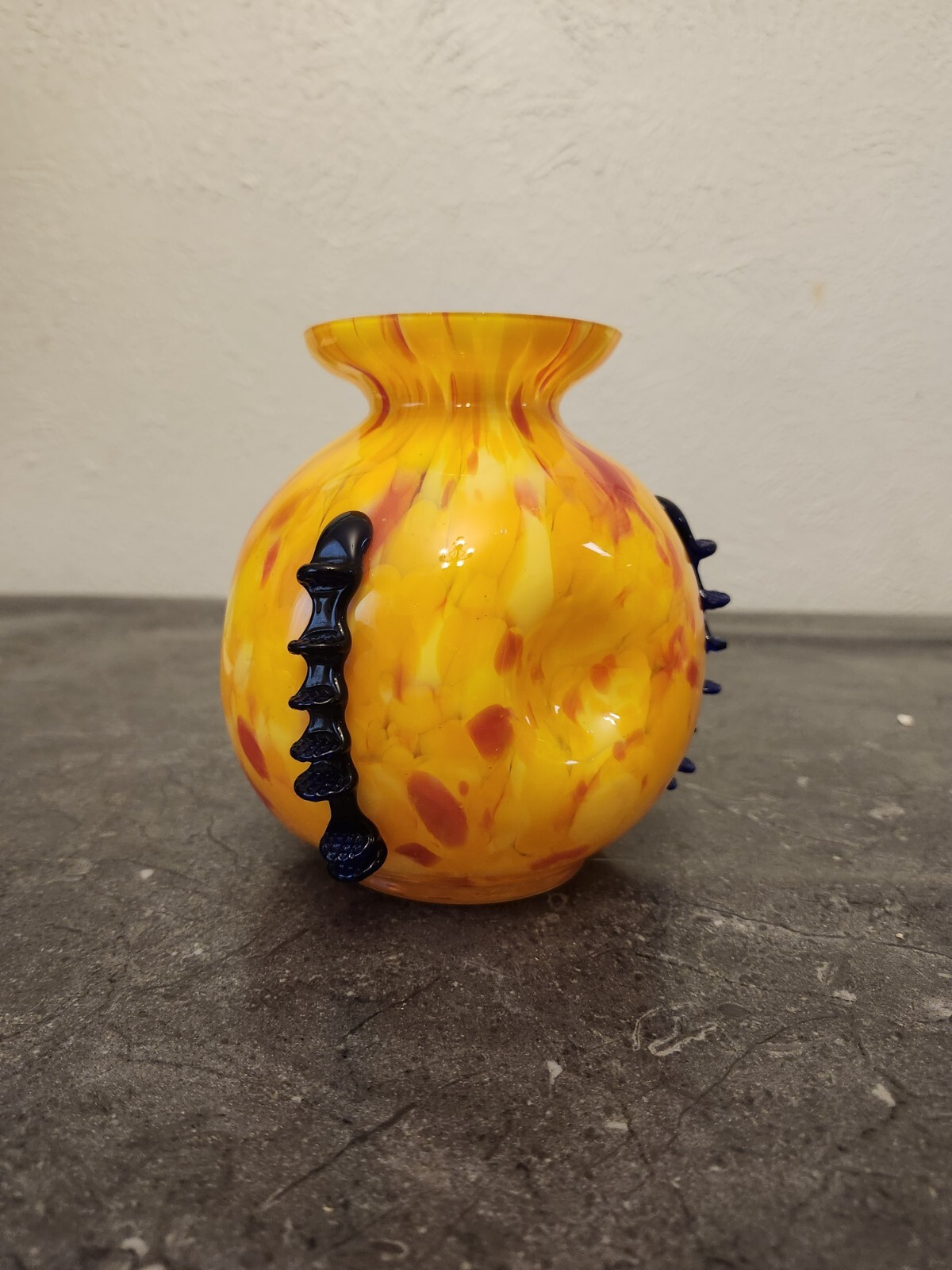 Kralik Art Glass ORANGE Yellow Black Tooled Rigaree SIGNED Made in Cz Chips
