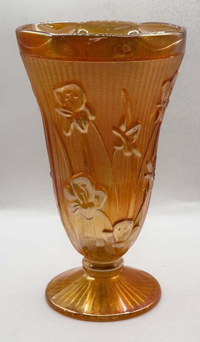 Vintage Jeannette Glass Carnival Marigold Iris Flower Vase 9″