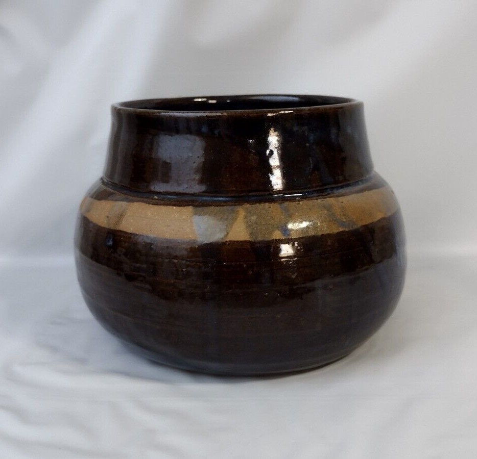 VTG Art Pottery Browns & Blue Drip Glaze Planter Pot Vase Signed Rathbone ’85