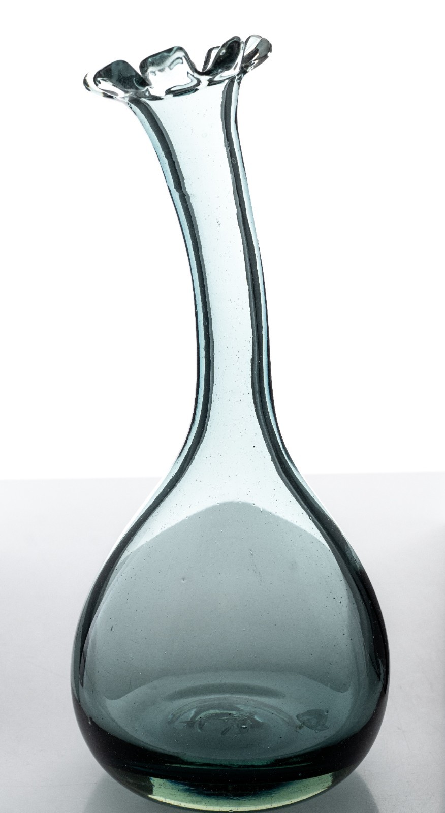 Heavy Recycled Aqua Mexican Glass Vase Curved Neck Crenellated Rim 4.8lb 14×6″