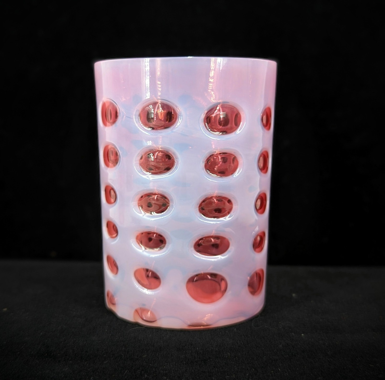 Antique Victorian Fenton Cranberry Opalescent Coin Dot 4″ Glass Tumbler