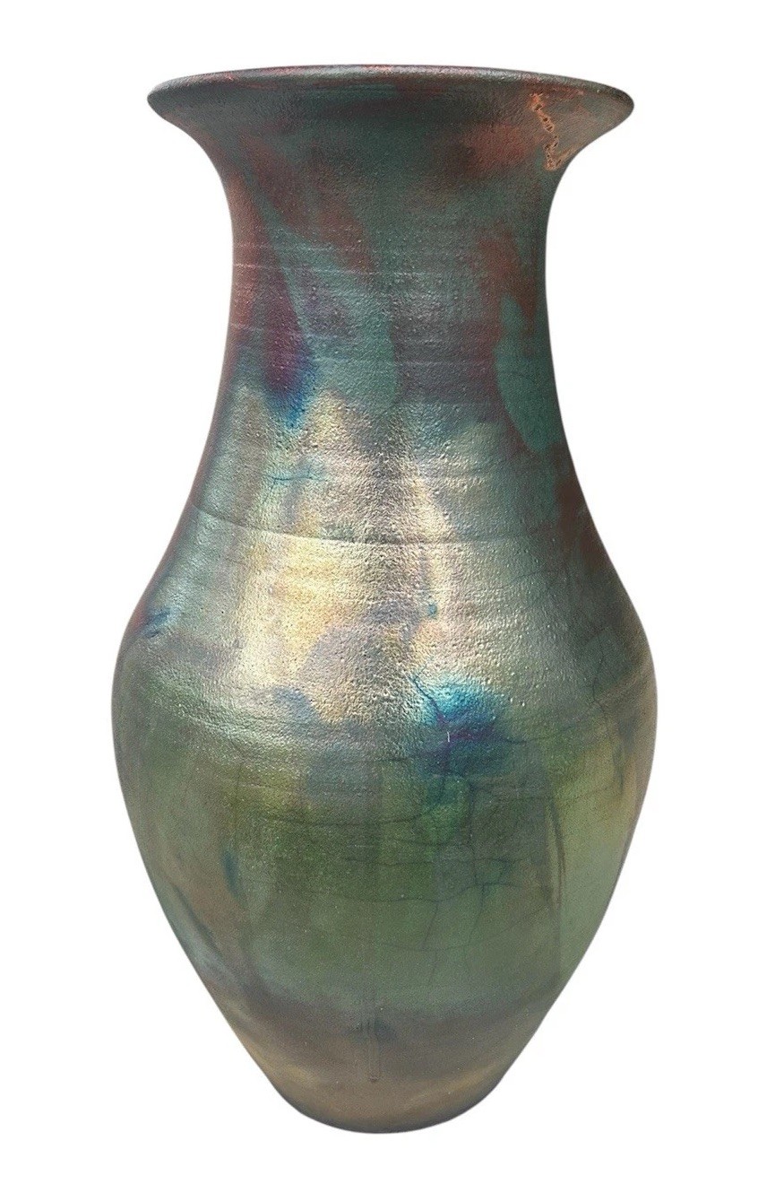 Raku Pottery Gorgeous 18” Tall Signed JC Iridescent Vase Blue Green Red