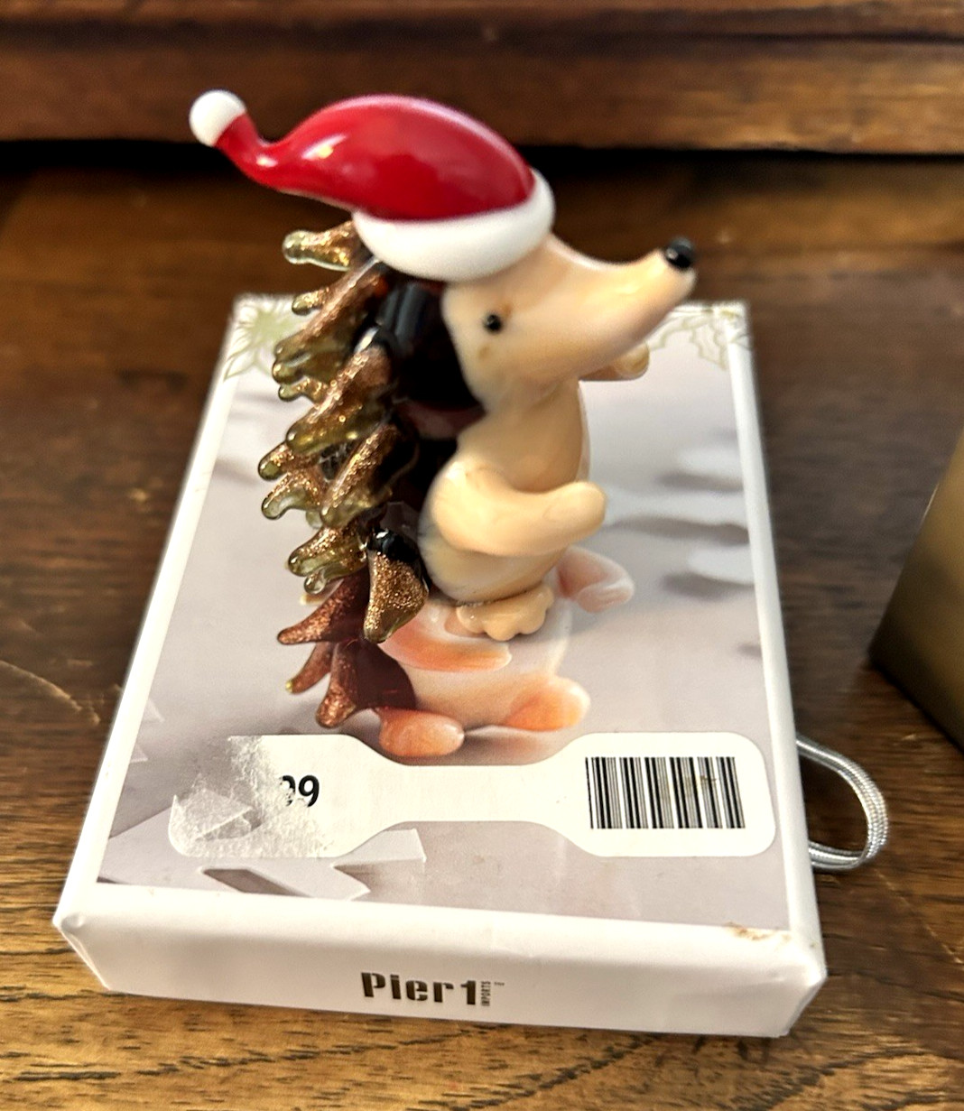 Pier 1 Glass Hedgehog 2″ Herisson Figurine with Santa Hat Holiday Decor