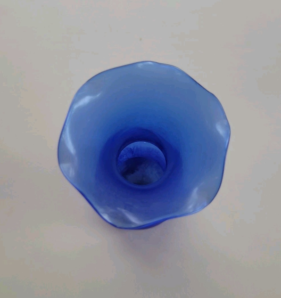 Vintage Cobalt Blue Blown Glass Bud Vase Ruffled Fluted Top Mid 20th Century