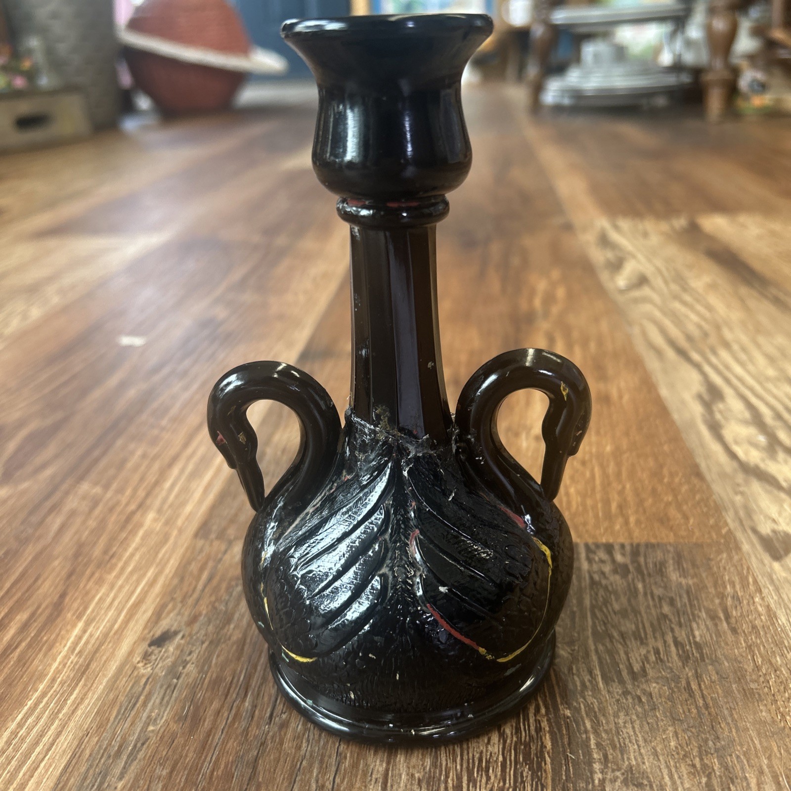 VINTAGE FENTON CARNIVAL GLASS BLACK SWAN CANDLESTICK-1970