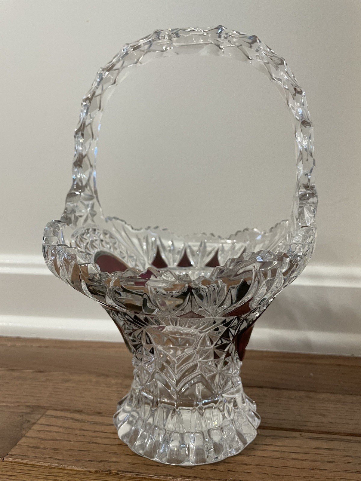 Vintage Crystal Clear & Ruby Red Basket with Handle with Etched Rose