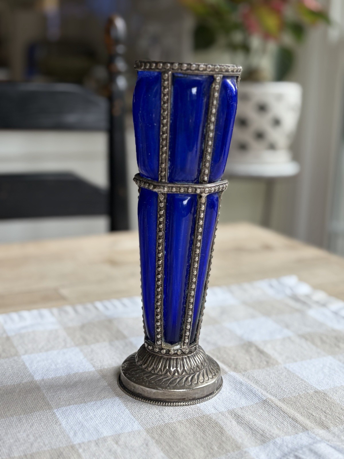 Unique Hand Blown Cobalt Blue Bubble Glass and Silver Vase 8-3/4” x 3”