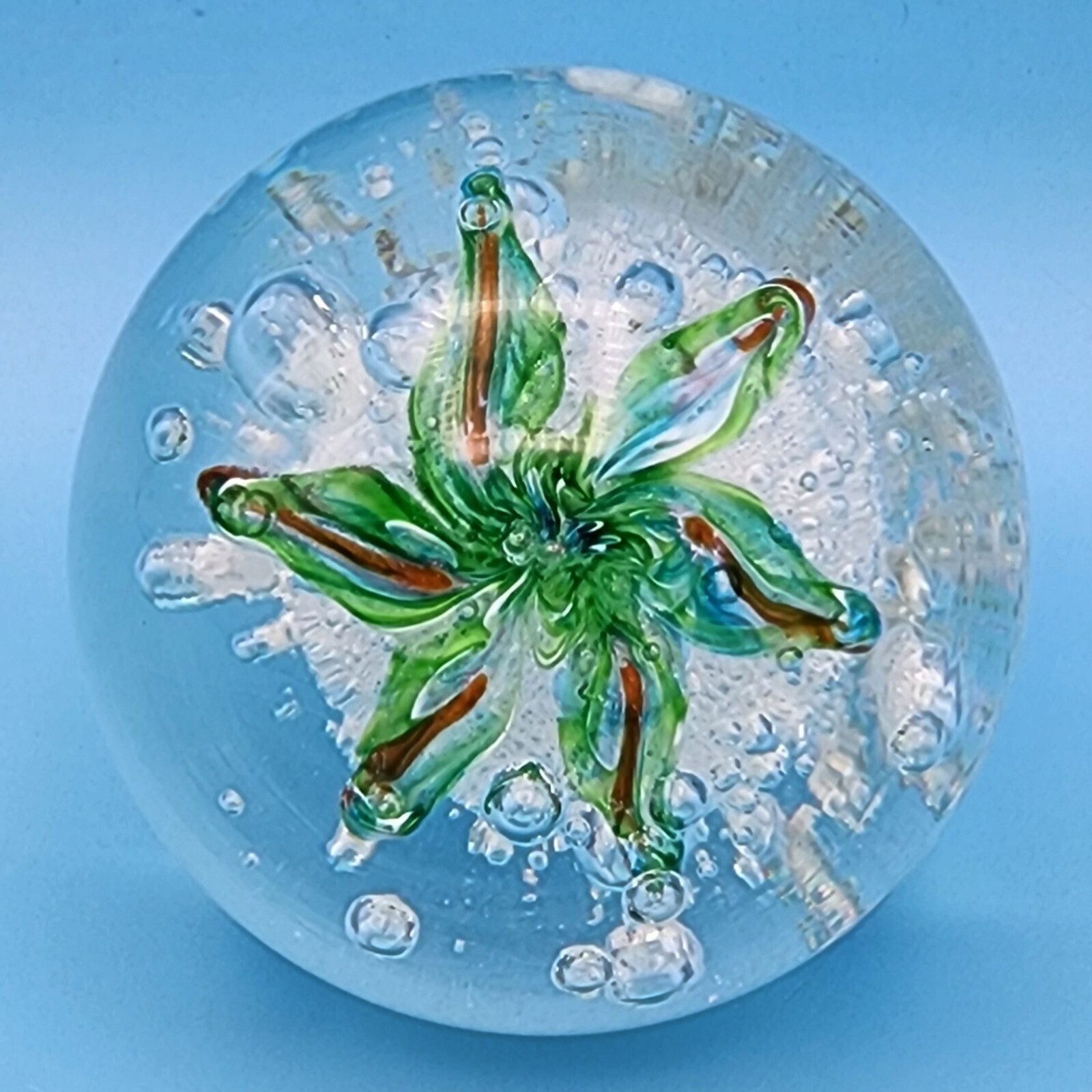 Art Glass Clear Controlled Bubble Green Floral Paperweight Sphere Vintage 2.5 in