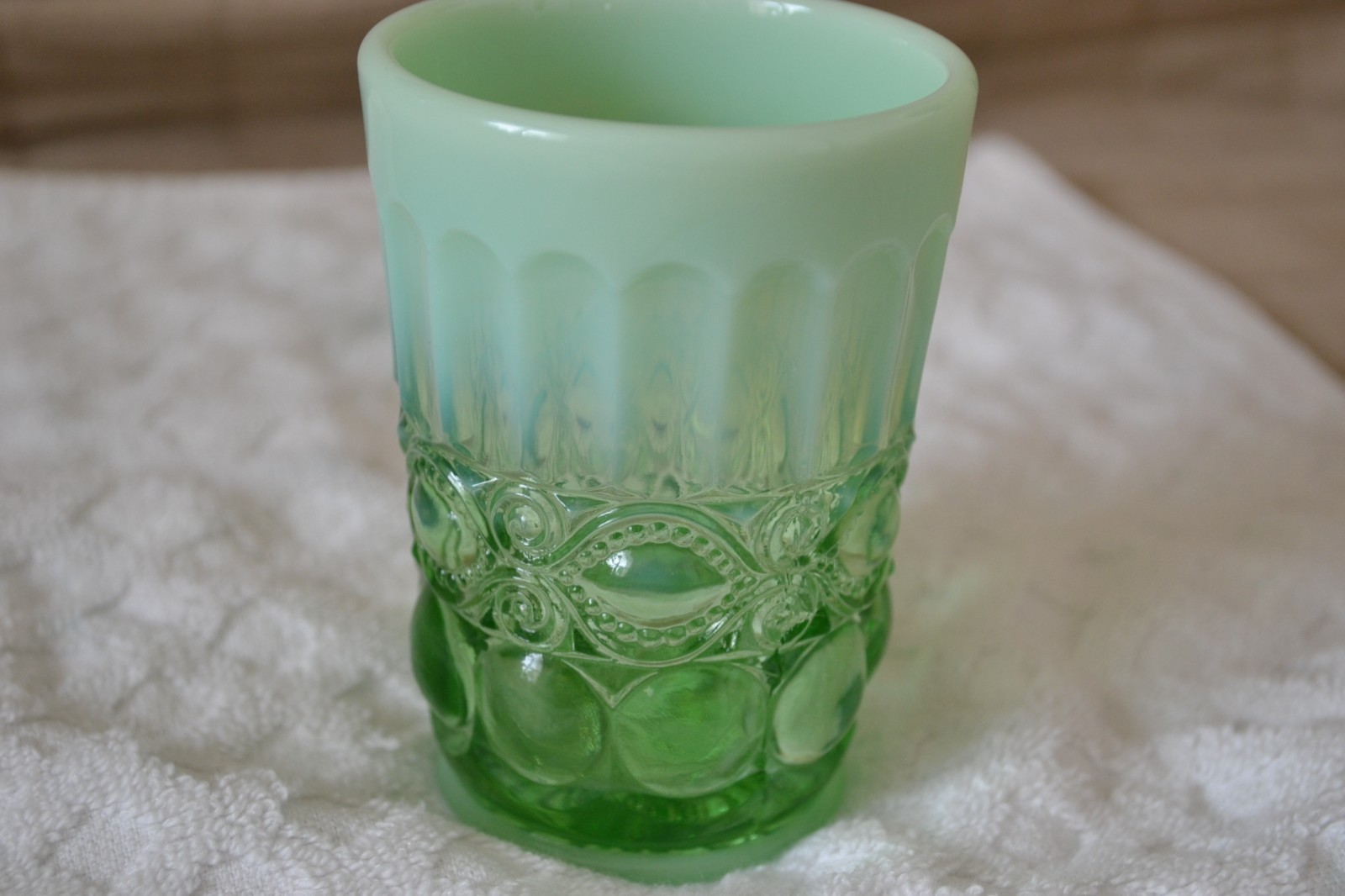 Mosser Tumbler Green Opalescent Eye Winker with marking