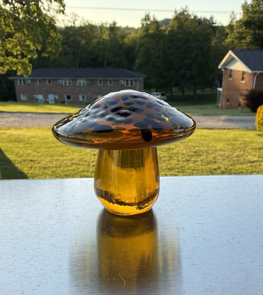 Blenko Glass Mushroom Paperweight – Citrine with Dark Spots