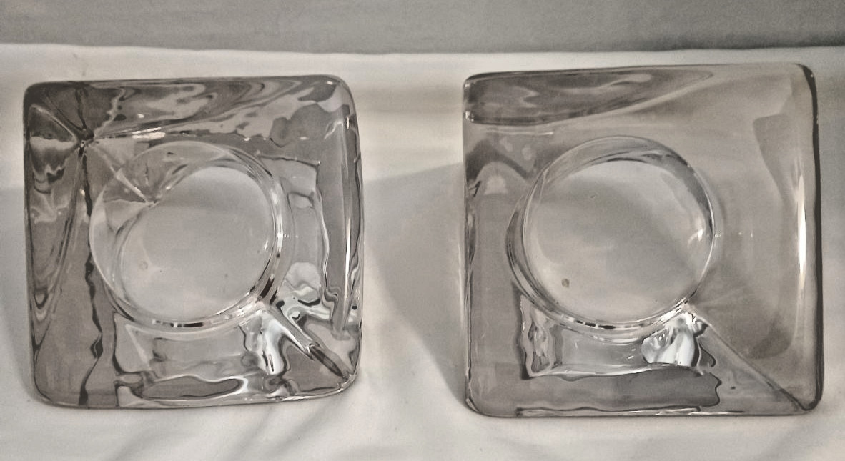 Set of 2 Vintage Nybro Sweden Clear Art Glass Pyramid Candle Holders 3.5”
