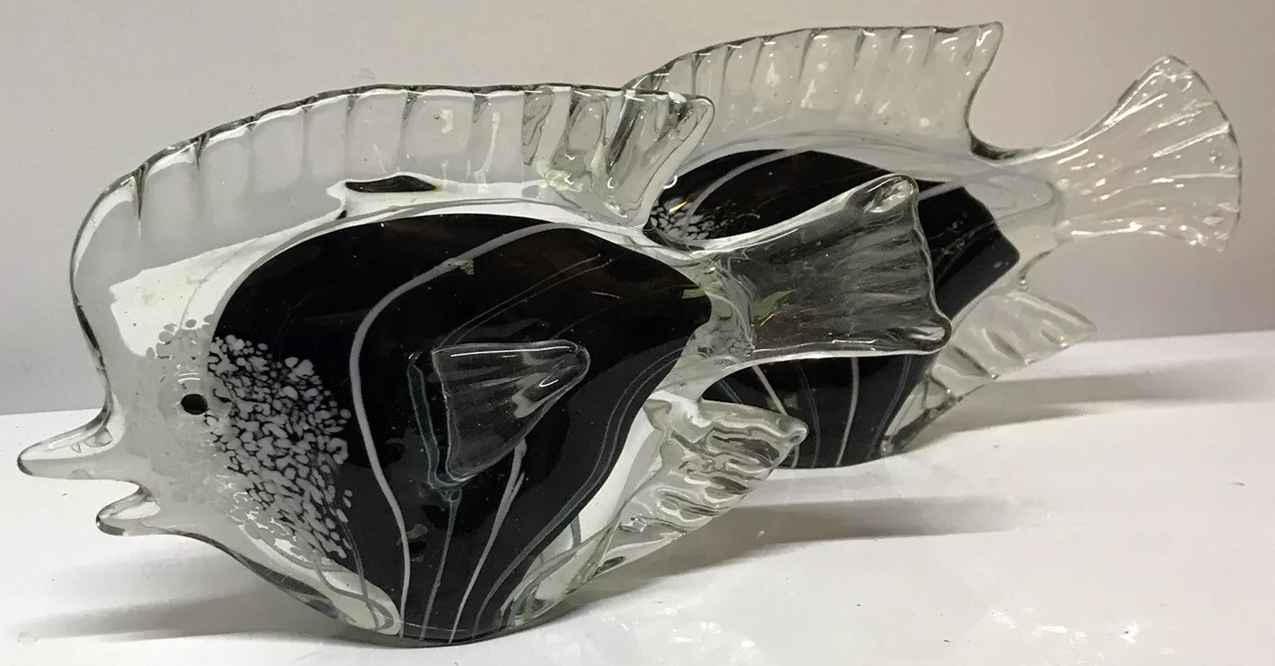 Diamond Star Vintage Art Glass Fish Statue Two Piece Decor Hand Blown Deco EUC