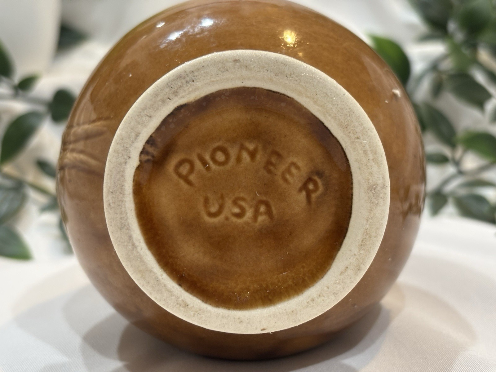Pioneer Pottery USA Brown Drip Base Lotus Flower Mid Century 8.5” Vintage