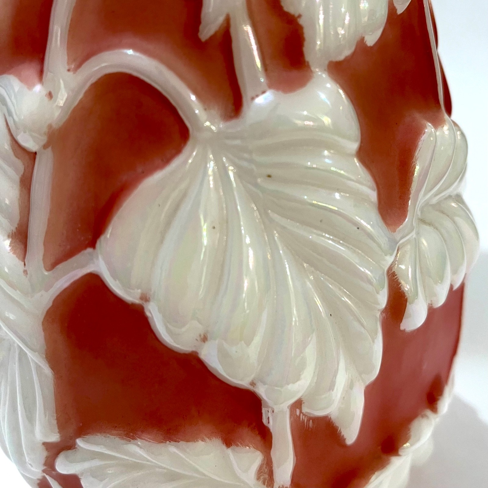 1930’s Phoenix Cameo Glass Vase – Philodendron Pattern – Dark Coral or Rose Shad