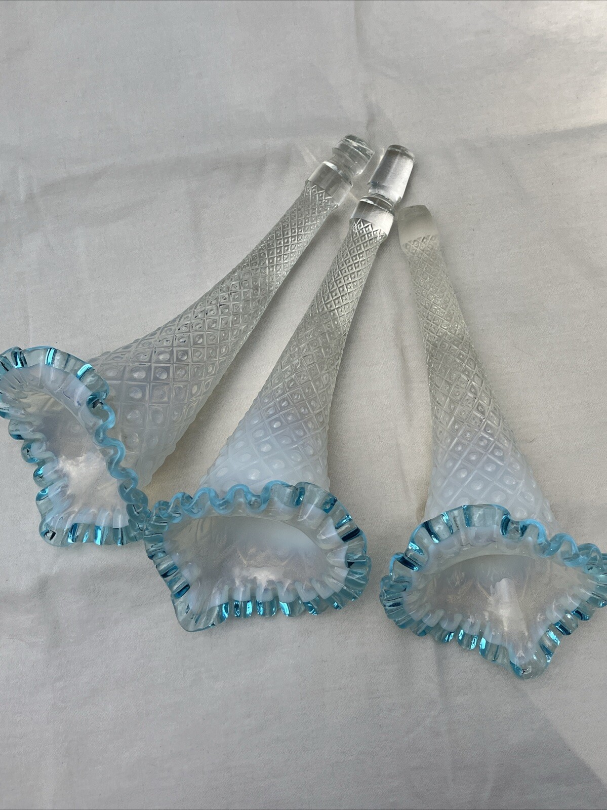 Fenton Diamond Lace Opalescent Aqua Blue Epergne Horn Trumpet Parts Replacement