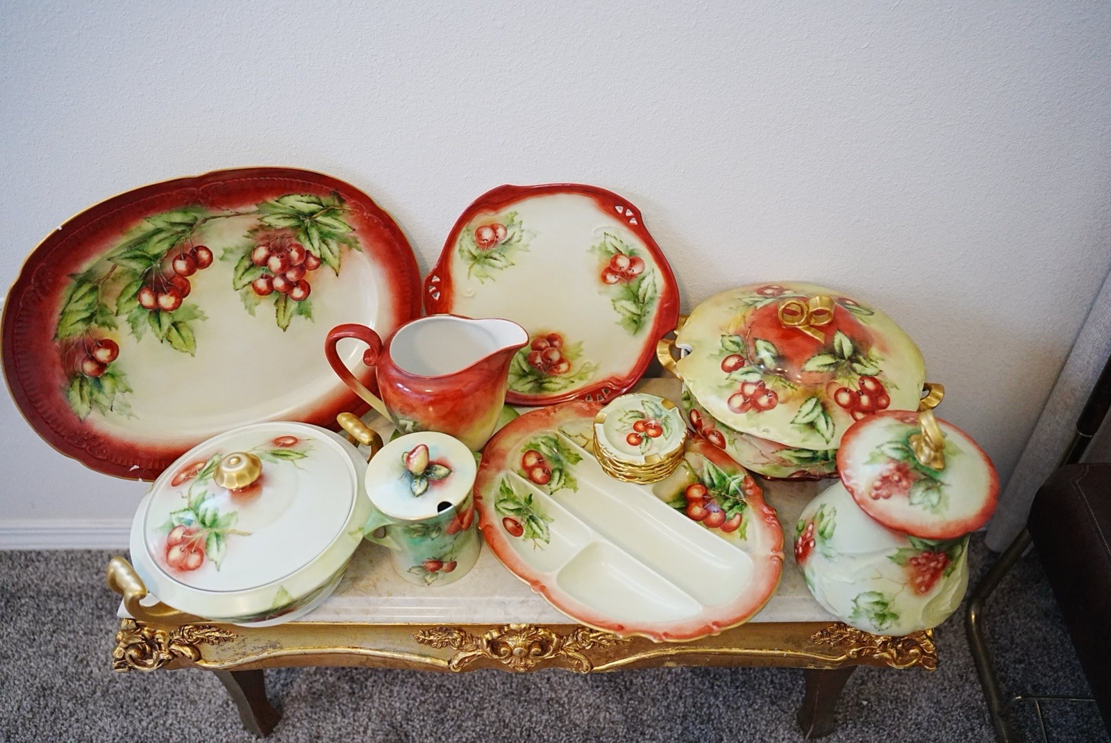 Vintage RS Germany Porcelain Ashtray Set (6) Hand Painted Cherries Gold Trim