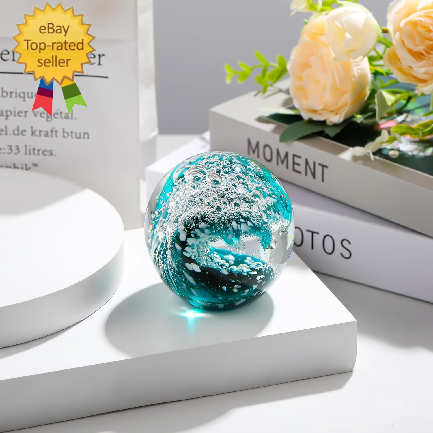 Hand Blown Ocean Waves Crystal Ball – Glass Collectible Figurines Spere
