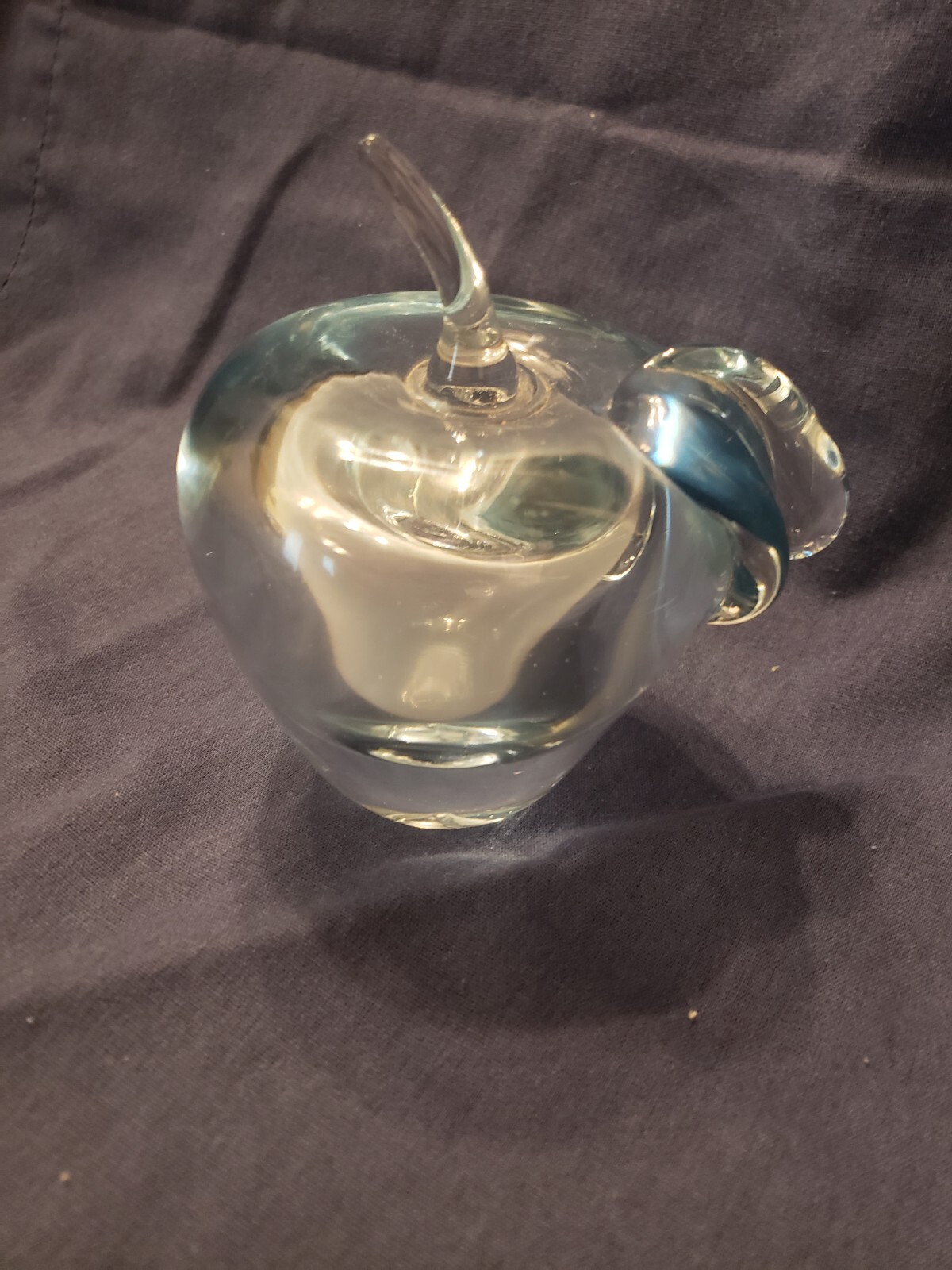Hand blown art glass apple with stem about 6″, clear, paperweight, teacher gift