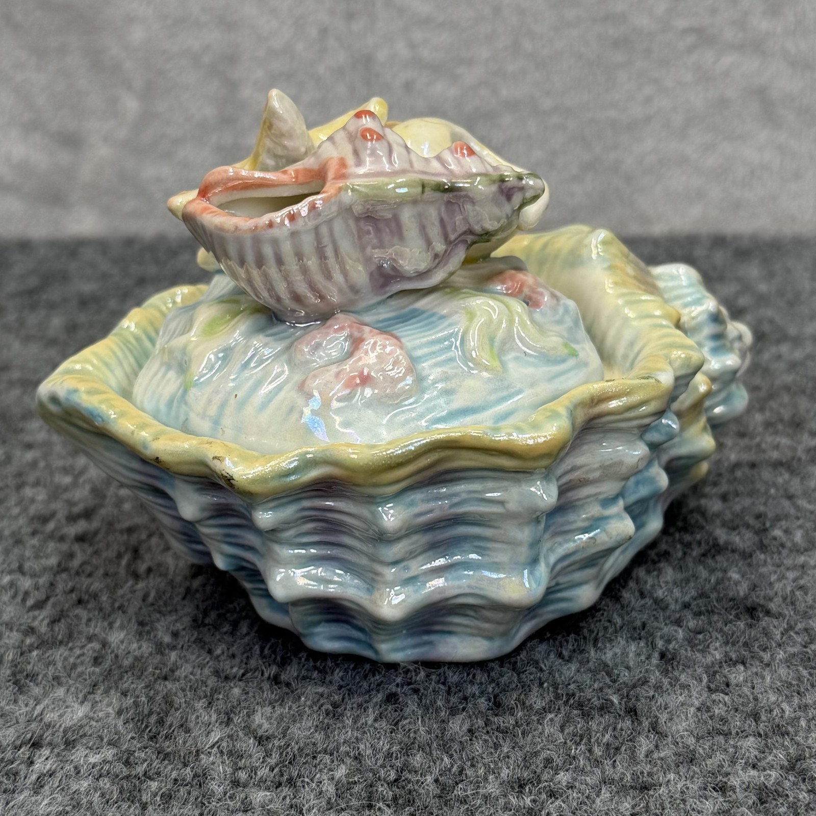Porcelain Shell Trinket Box Lidded 5.5 In Pastel Colors Starfish Beach Coastal