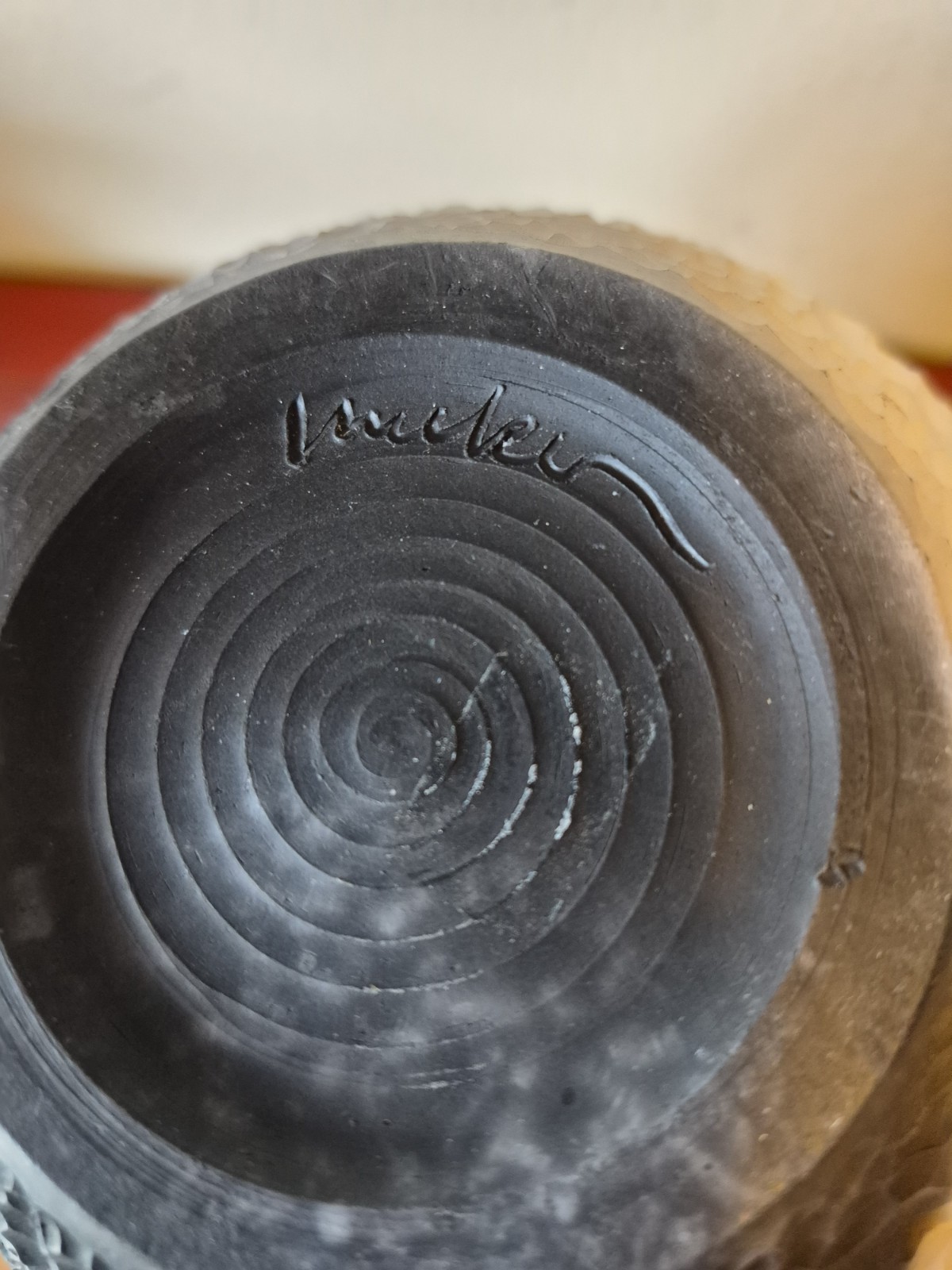 Signed Nancee Meeker Studio Art Pottery Vase, Fossilized Snake Pattern, 1985