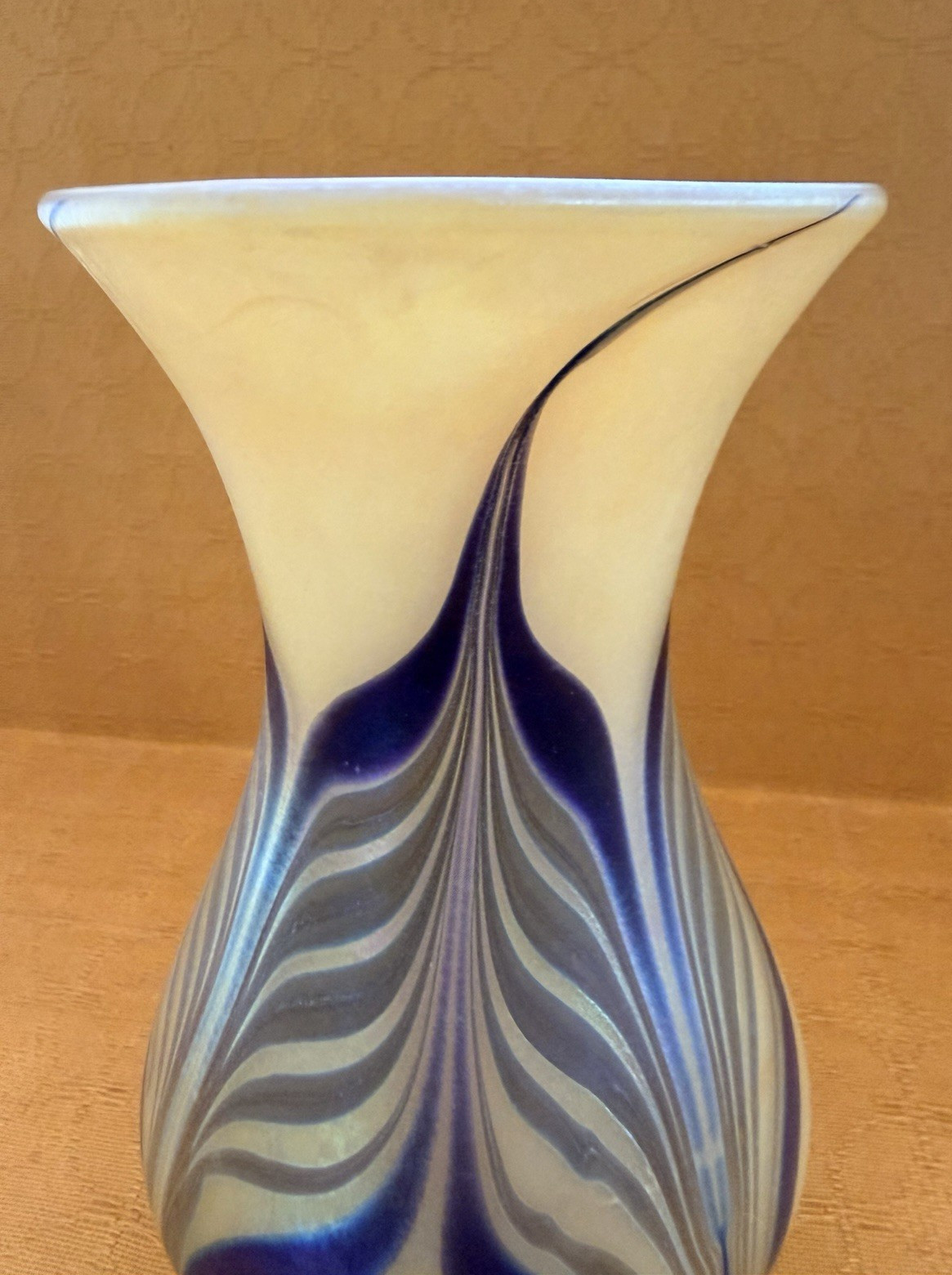 Vintage Hand Blown Yellow Blue Purple Pulled Feather Glass Vase Rough Pontil
