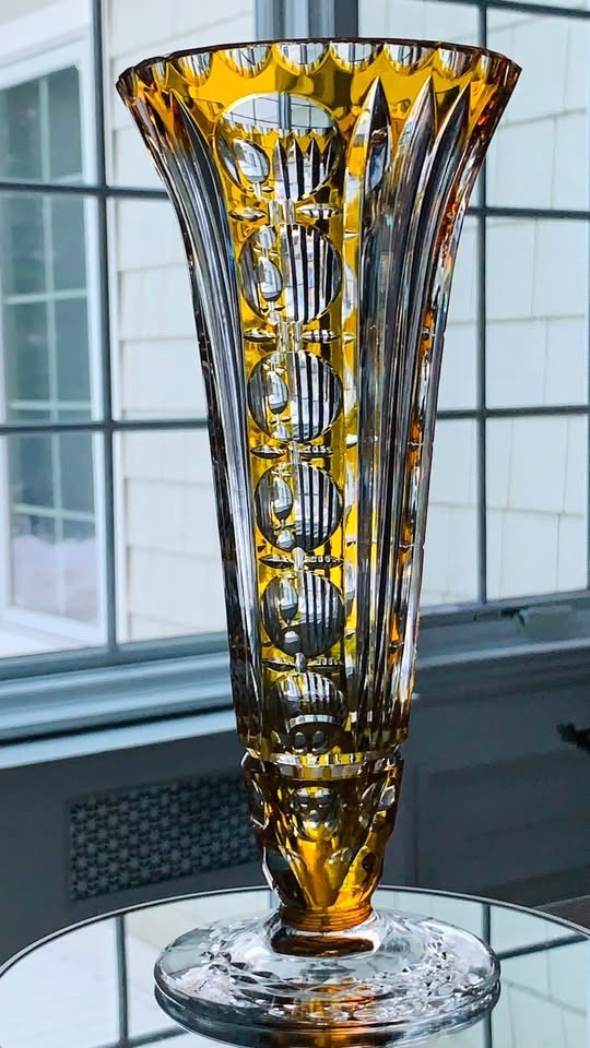 Vintage Nachtmann Crystal Trumpet Vase in Citrine; 10.5″ Tall; Made in Germany