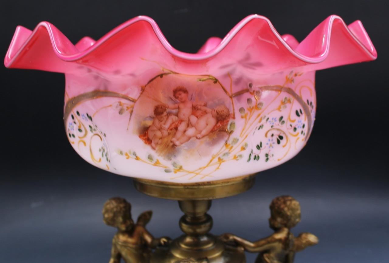 Ornate 19C Victorian Cased Pink Glass Brides Basket Bowl Centerpiece w/ Cherubs