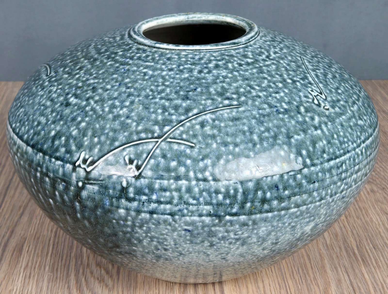 Blue studio pottery orb vase planter, signed w unknown chop mark, 10.25″