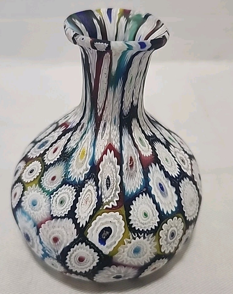 Murano Vintage Millifiore Fratelli Toso Vase, Purple Blue Red White – 4”T