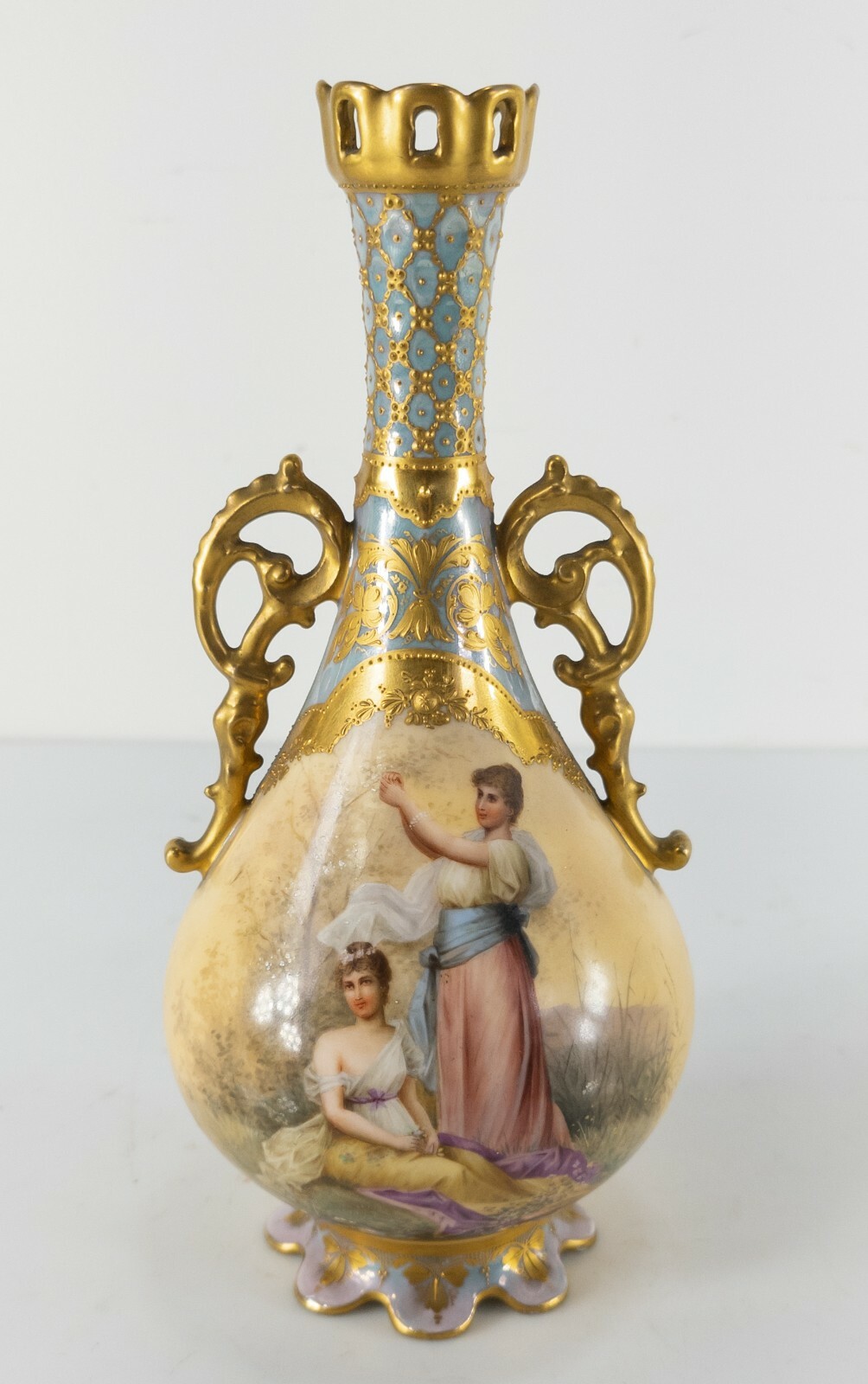 Antique German Porcelain Royal Vienna Bonn Cabinet Vase Fruhling Wagner Signed