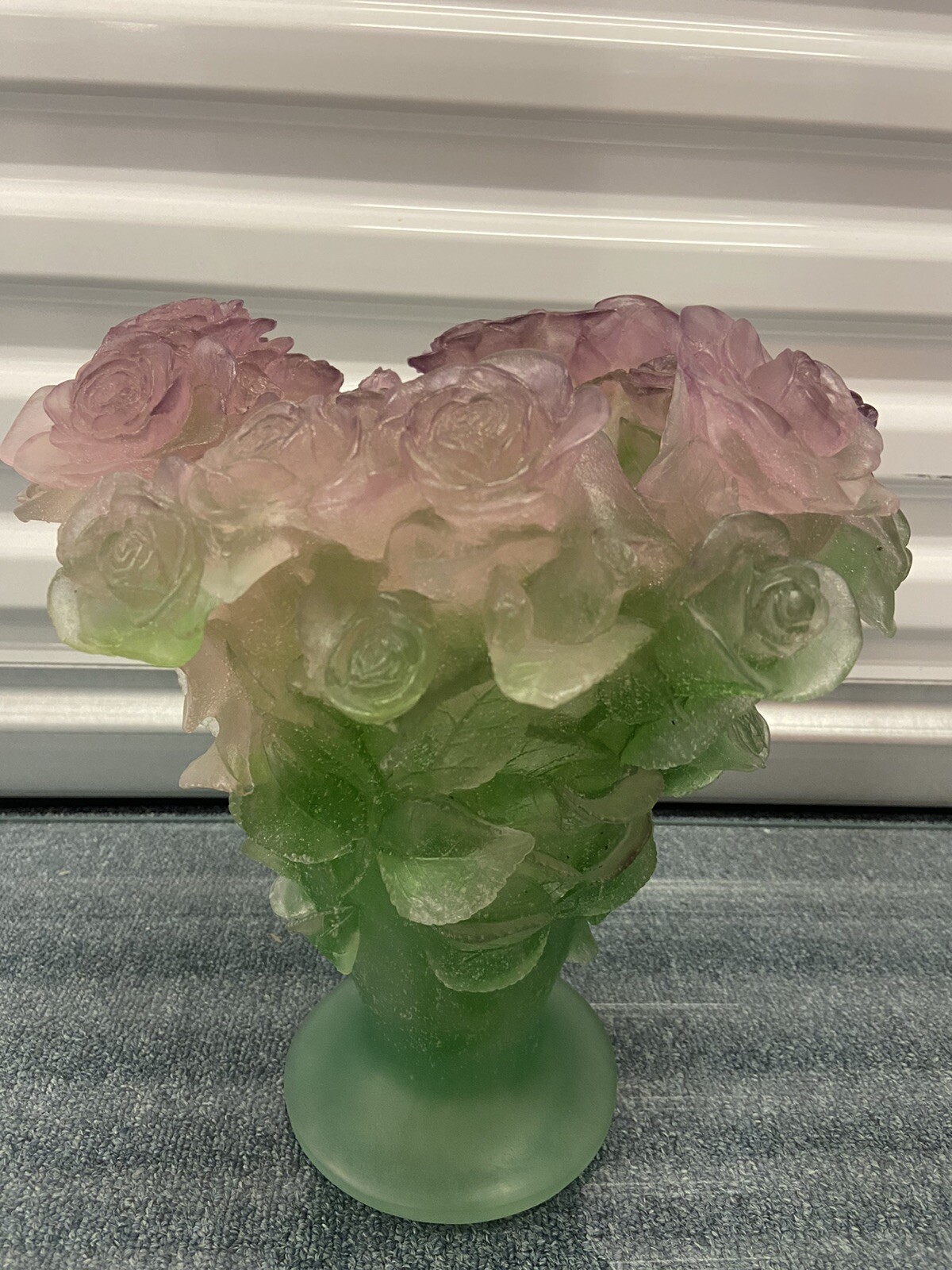 Daum France Pate De Vere Crystal “Roses” LARGE Vase 11.75” H Pink & Green RARE!