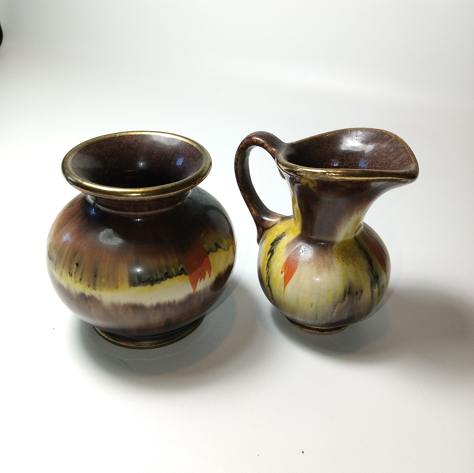 Vintage West Germany Miniature Pitcher and Vase Brown Red and Cream 577-6 & 528