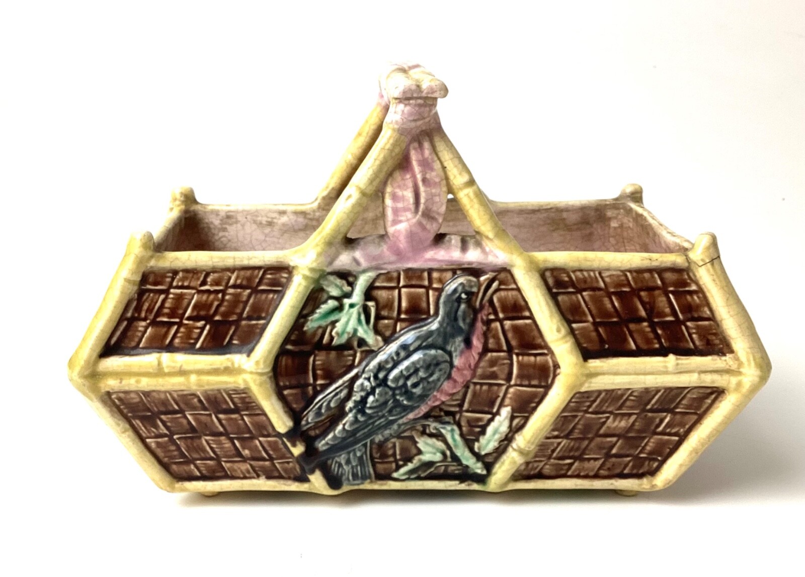 Late 19th Century Majolica Pottery Basket With Birds & Bees