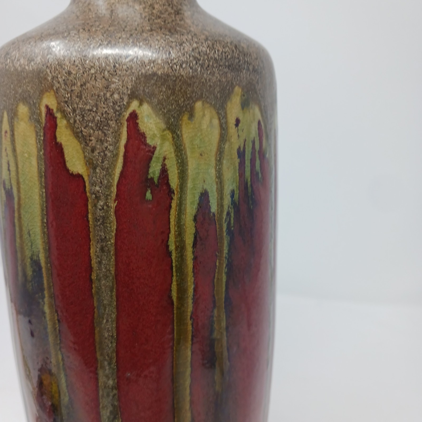 FRENCH ART DECO INSPIRED DRIP GLAZED STONEWARE VASE SIGNED, 12 IN