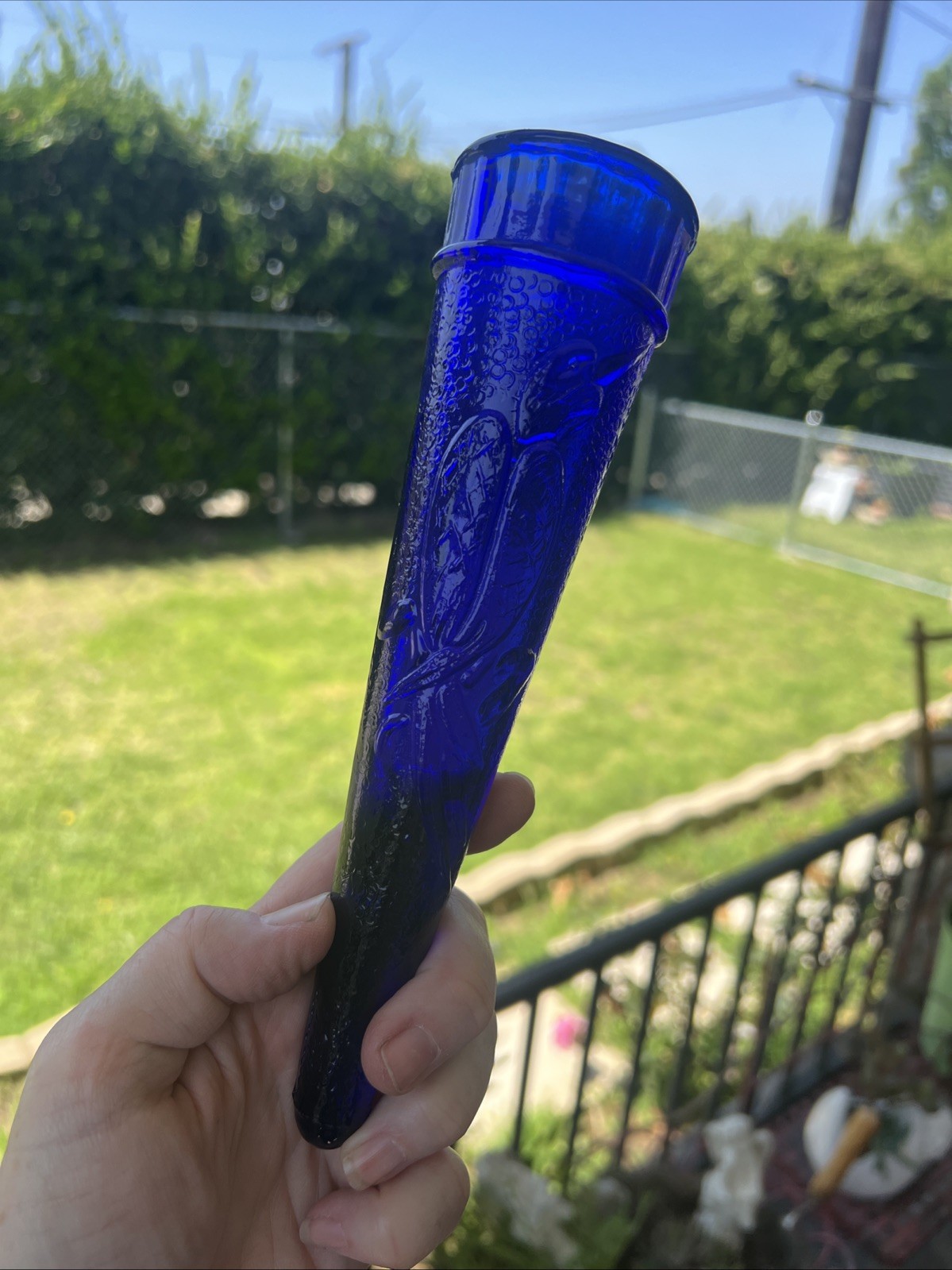 VTG Dugan Cobalt Blue Glass Cone Bird Car Wall Pocket Vase 1920s 8 1/8” H Set 2