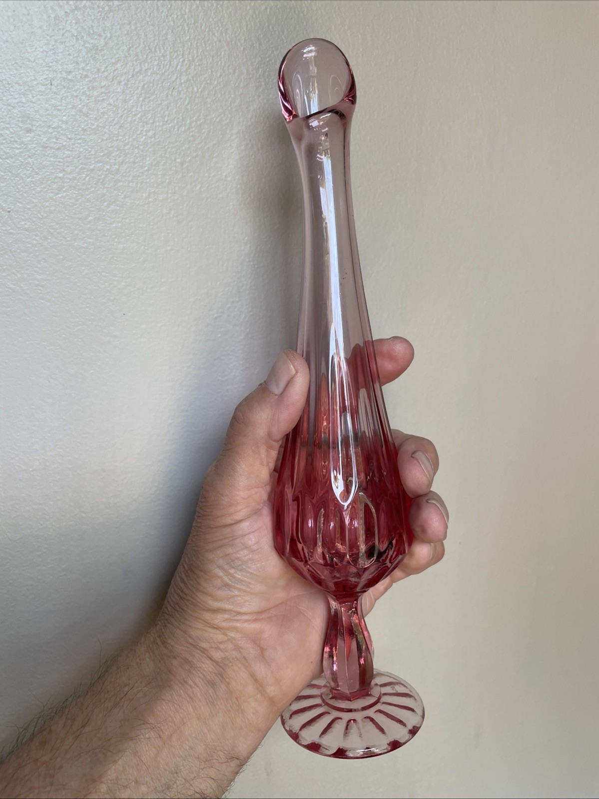 Vtg MCM Fenton Thumbprint Colonial Pink Footed Swung Bud Rose Flower Vase 10.5″