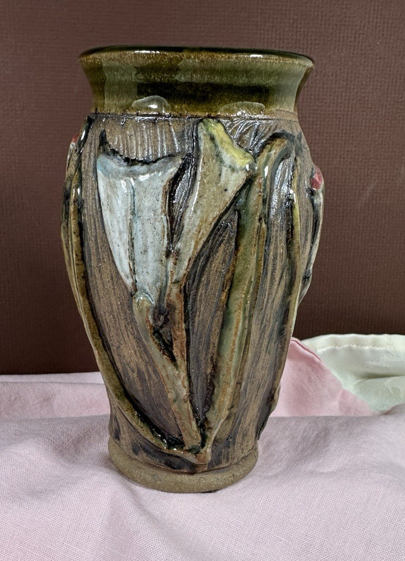 Studio Art Pottery Glazed Vase 3D all over Calla Lilies Signed by Artist 6″ Tall