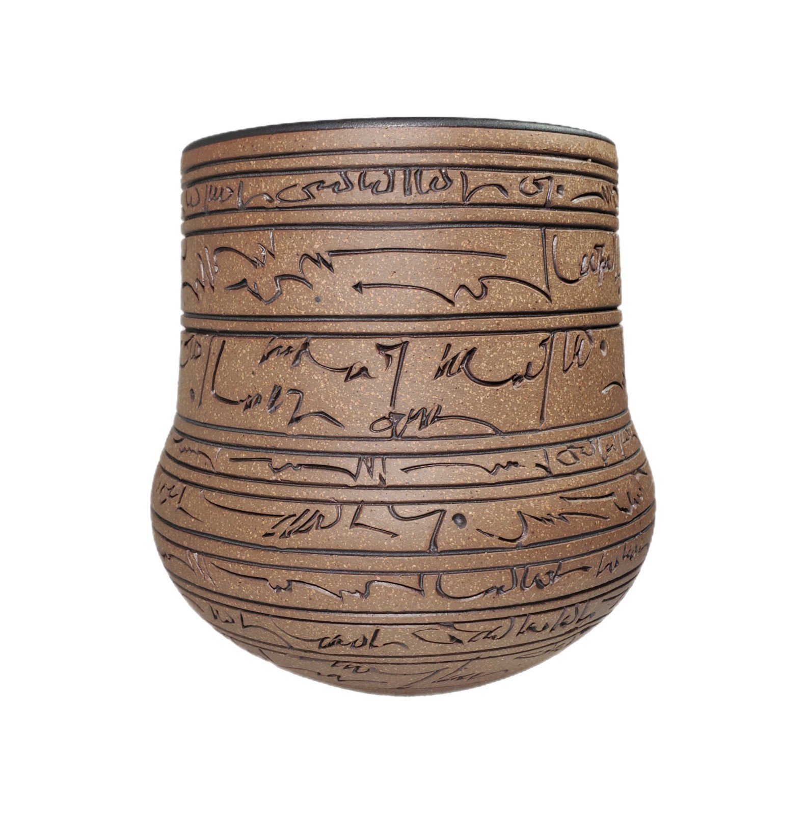 J Edward Barker 2007 Pottery “SCRYPT” Vase 5¾” Incised Writing Design KS Signed